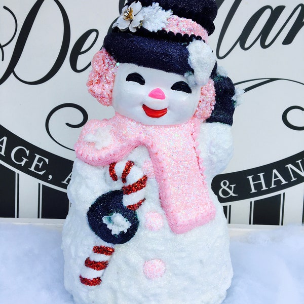 Vintage Christmas Decor, Authentic Vintage Upcycled Snowman, Vintage Pink Candy Christmas Snowman, Handpainted Snowman