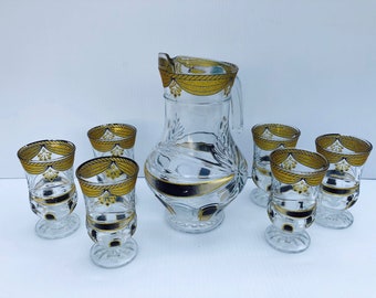 Vintage amerikanisches Pressglas-Cocktailkrug-Set, Gold Glitter Black Accent, 7-teilig