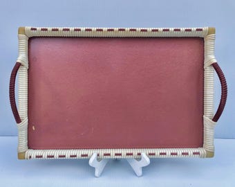 Vintage Reddish Brown Plywood Serving Tray, Vinyl Woven Edge, MCM Barware