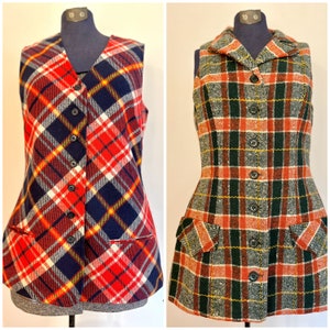 Vintage 1960s-70s Women's Vest Waistcoats, Rare Long Plaid, Button-Down Vests, Sold Separately - Bobbie Brooks, College Town of Boston