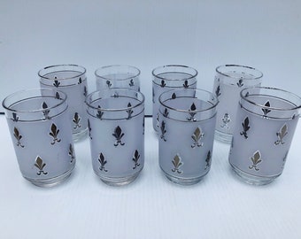 Vintage Libbey Frosted Tumblers, Silver Fleur De Lis, Set of 8