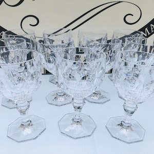 Vintage Clear Glass Goblets with Indented Circles & Octagon Bases, Diamond Shape Knob, Heavy Weighted, Stunning 11 Piece Goblet Set, Bar