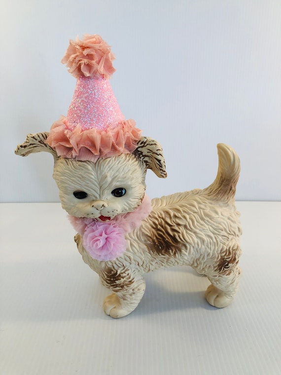 Vintage Edward Mobley Co. Large Rubber Toy Dog With Blinking Eyes Up cycled With a Pink Sparkly Birthday Hat Fur Lace Floral Collar MCM Etsy UK