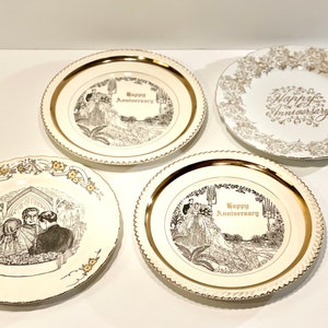 Vintage 1960s Happy Anniversary Plates, White Porcelain w/ Scalloped Gold Rims, Gold Accents, Anniversary Party/Gift/Decor (Sold Separately)