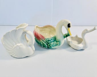 Vintage Pottery Swan Planters, MCM Decor, Lot of 3