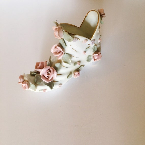 VINTAGE White Porcelain Shoe Planter With Pink Roses | Etsy