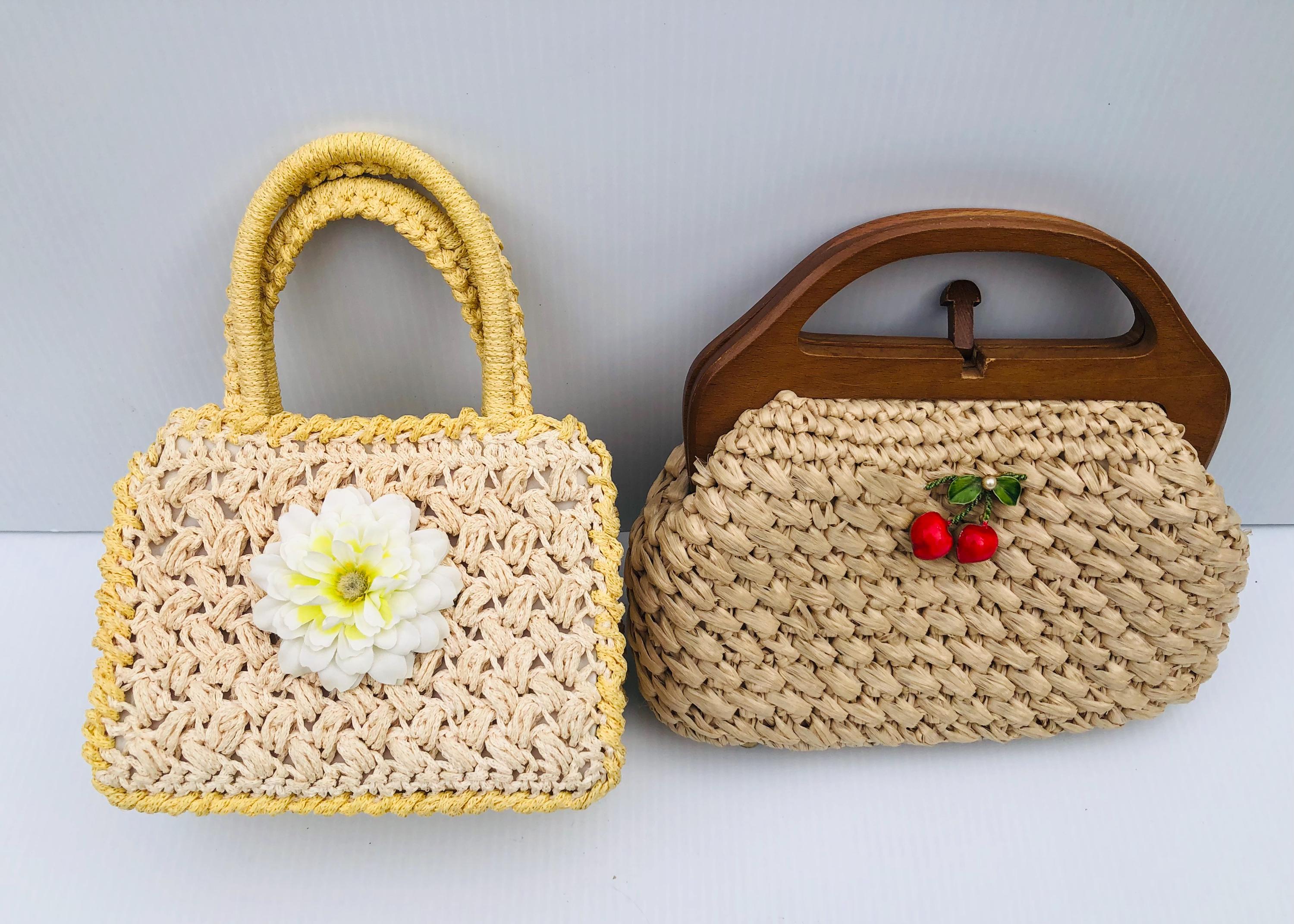 Vintage Woven Handbag Set, Magid Italy Flower Purse, Japan Raffia