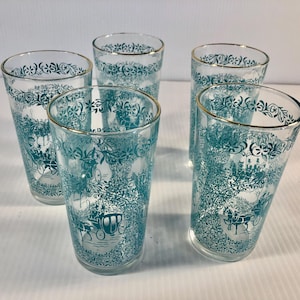 Vintage Hazel Atlas Turquoise Drinking Glasses, Set of 5, Aqua Blue, Monticello Pattern Glass Tumblers, Floral Scroll Work Beverage Glasses