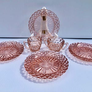 Vintage Pink Depression Glass 9 Piece Serving Set, Jeannette Pink Cubist Creamer & Sugar, 7 Waterford Waffle Anchor Hocking Dessert Plates