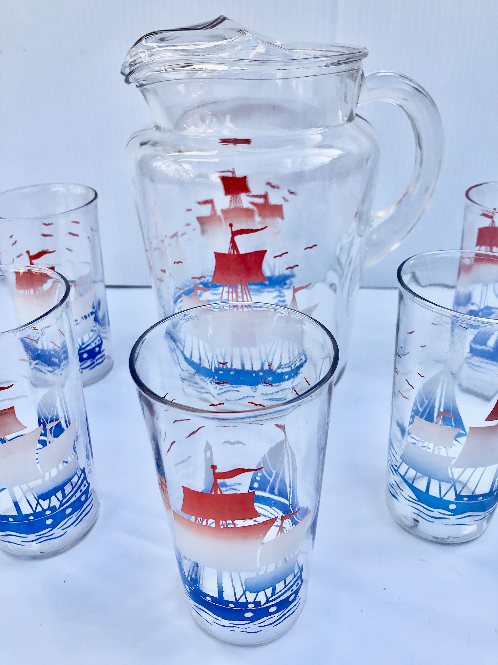 Vintage Glass Pitcher & Tumblers 6 Piece Set Red White and Etsy