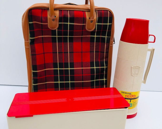 Vintage Tartan Thermos Picnic Kit in Original Box, Red Plaid Picnic Bag