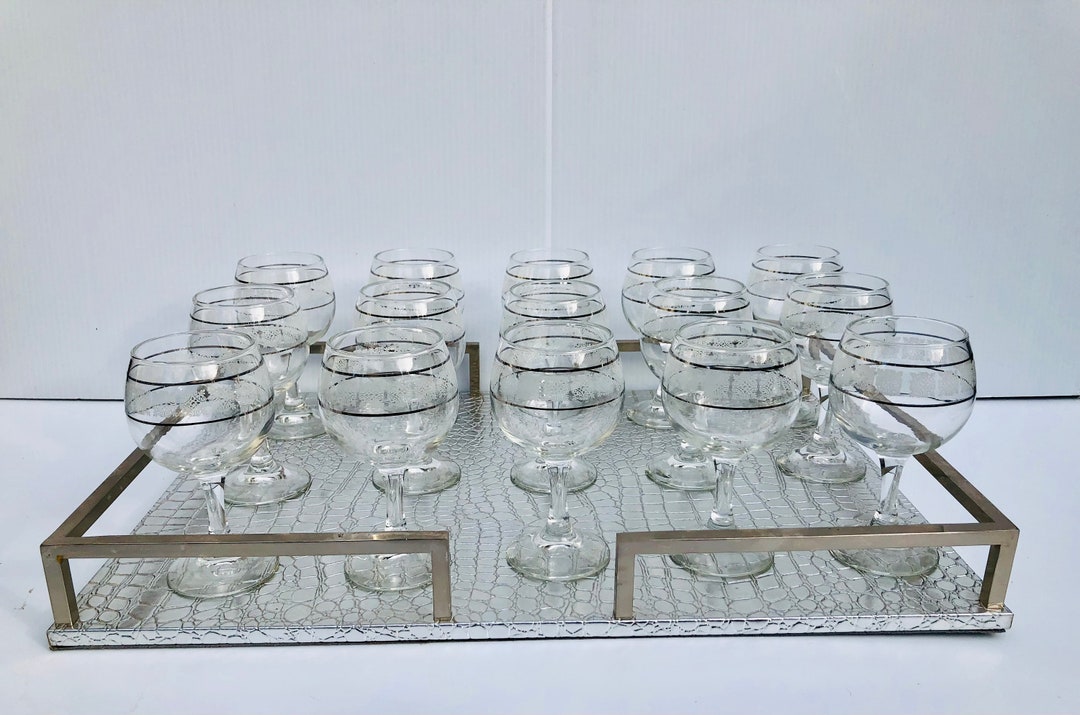 Vintage Wine Glasses, Large Set of 15, Clear Stemware With Silver Bands