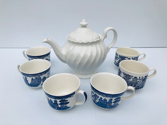 Vintage Johnson Bros. Ironstone Tea Set, White Swirl Teapot, Blue