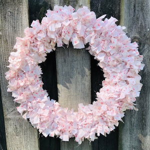 Large White and Dainty Pink & Coral Floral Rag Wreath Made from Vintage Fabric, Shabby Chic, French Country, Cottage, Romantic Chic Decor