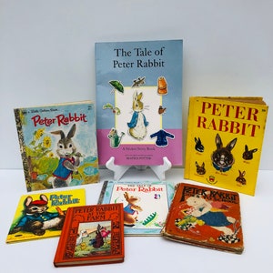 Antique and Vintage Collection of Peter Rabbit Children&#39;s Books, Set of 7, Includes 6 Hardback Books and 1 Sticker Story Book, Rare Set