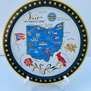 Vintage Ohio Tin Souvenir Tray, Rare, "The Buckeye State" Metal Patriotic Tray with Ohio Memorable Facts on the Back, Fabcraft Serving Tray