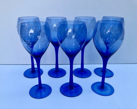 Vintage, vetro blu, set di 7, bicchieri da vino con motivo a uva