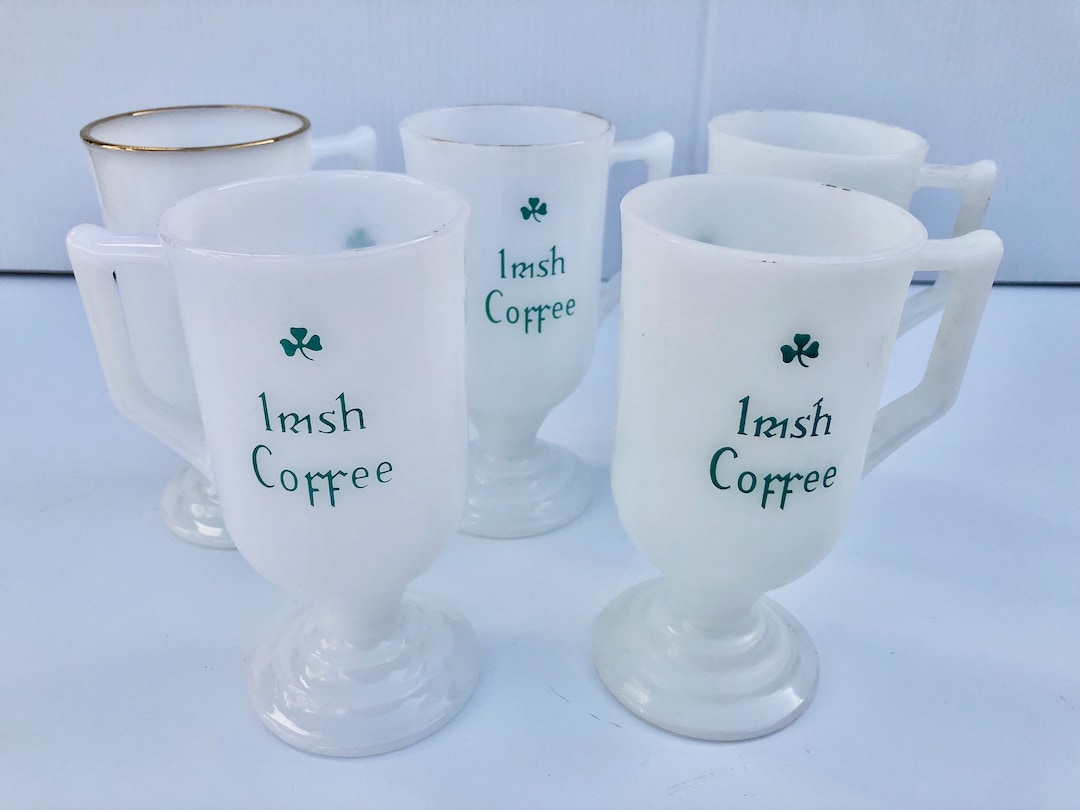 Vintage Milk Glass Irish Coffee Pedestal Mugs, Set of 5, Saint Patricks