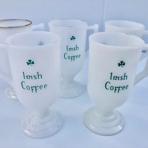 Vintage Milk Glass Irish Coffee Pedestal Mugs, Set of 5, Saint Patricks Day Entertaining, Shamrock Mugs, Irish Gift, Vintage Kitchen