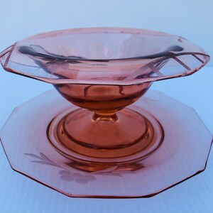 Antique/Vintage Pink Depression Glass 7&quot; Pedestal Dish with Rolled Edge & Etched Flowers and Lattice Pattern, Matching 12 Sided Plate, Gift