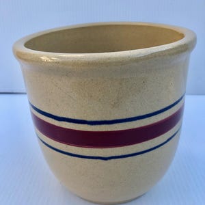 Olla de cerámica vintage de Roseville Pottery/Olla de cerámica Robinson Ransbottom Ohio/Olla de cerámica con banda roja y rayas azules con esmalte brillante color canela/Olla de cocina