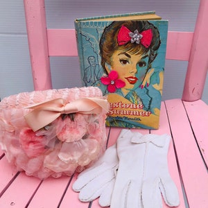 Vintage Pink Glamorous Women's Set, Pink Floral Fascinator Hat with Felt Petals, Flowers & Bow, White Gloves, Upcycled Milestone Summer Book