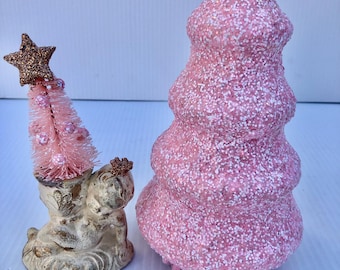 Vintage Pink Christmas Decor Set, Glitter Glass Tree Jar & Cherub Angel Candlestick