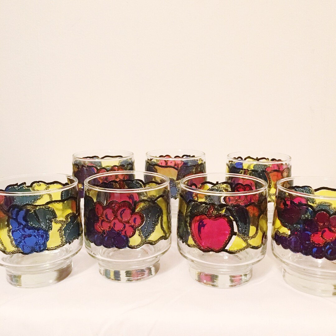 Vintage Libbey Glass Stained Glass Fruit Glasses 7 Pedestal Etsy