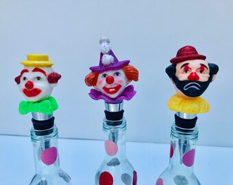 Vintage Clown Wine/Liquor/Bottle Toppers, Handmade with New Chrome Stoppers, Vintage Circus, Novelty Gift, Whimsical Bar, Kitsch, Party Time