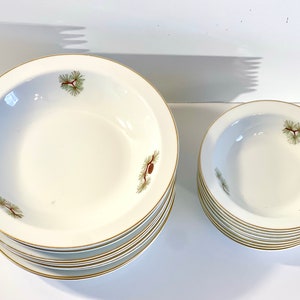 Vintage 1960s Set of 17 -- Fukagawa Arita Pinecone Bowls, 10 Soup/Salad + 7 Fruit/Dessert Bowls, Japan China, Glossy White w/ Gilt Accents