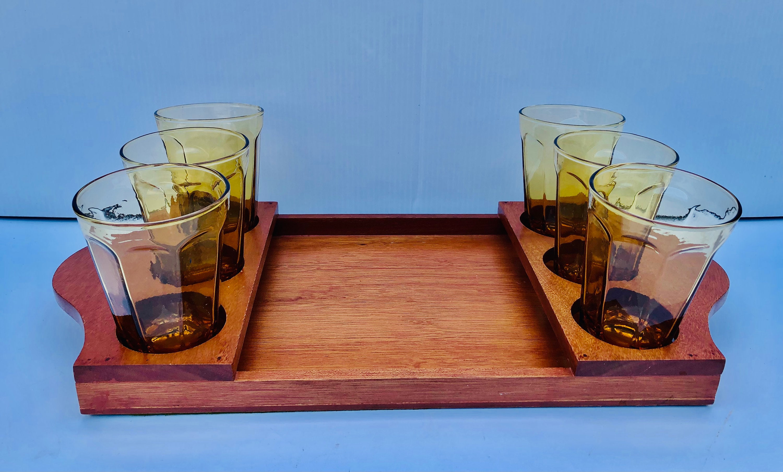Vintage Beverage Glass & Wood Tray Set, 6 Amber Honey Tumbler Glasses with MCM Wooden Tray, Glass Compartment Tray, Rare Drink/Bar Set/Retro