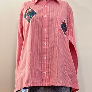 Vintage Size S Women&#39;s Golf Blouse, Red Gingham, Long Sleeve Collared Shirt w/ Golf Appliques on Front + Back, Dry Cleaned, H&J Fashions