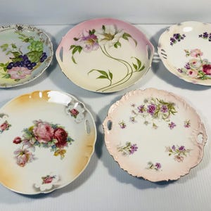 Antique/Vintage Lot of 5 Decorative Floral Plates/Platters with Open Handles, Porcelain Hand Painted Flower Dishes, Mix & Match Plates