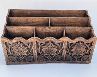 Vintage Faux Wood Desk Organizer, Carved Floral Mail Sorter