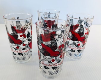 Óculos de pássaro vermelho vintage, conjunto raro de 4 copos de bebidas de âncora Hocking Scarlet Tanager, copos de bebida MCM, goles elegantes, cozinha retrô