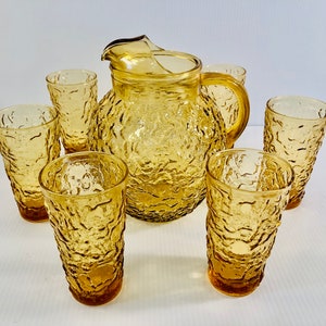 Vintage Crinkle Glass Pitcher Beverage Set, 7 Piece Anchor Hocking, Lido Milano Pitcher & Tumbler Set, MCM Amber Glass Drink Set, Pristine
