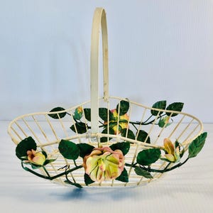 Vintage Floral Tole Basket, White Wire Basket with Metal Pink & Yellow Metal Flowers on Both Sides, Shabby Chic/French Country/Romantic