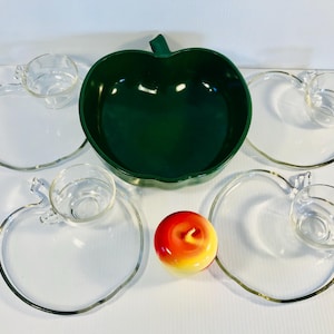 Vintage Hazel Atlas Apple Glassware Lot, 4 Clear Glass, Apple Shape Plates with Mugs, Large, Green, Heavy Glass, Apple Shape Bowl, Apple Jar