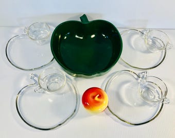 Vintage Hazel Atlas Apple Glassware Set, Luncheon Plates, Green Bowl, Jar