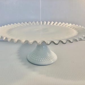 Vintage Fenton Glass Cake Stand, Milk Glass Pedestal Cake/Dessert Stand with Hobnail Pattern & Ruffle Edges, Heavy Glass, Pristine Condition