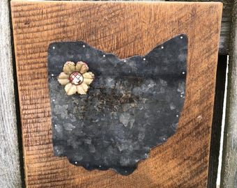 Handmade Ohio Sign Wall Decor, Heavy Wood Plaque with Metal Ohio Shape Magnet Board & Vintage Metal Flower Magnet, Ohio Decor, Ohio Gift