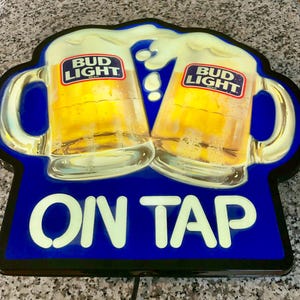 Vintage Bud Light &quot;On Tap&quot; Illuminated Beer Sign, Rare Beer Advertising Sign with Raised Embossed Beer Filled Mugs, Vintage Bar/Collectible