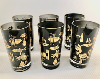 Vintage MCM Schwarz und Gold Highball Gläser, Set mit 6 Retro Kitchen Graphic Bechern