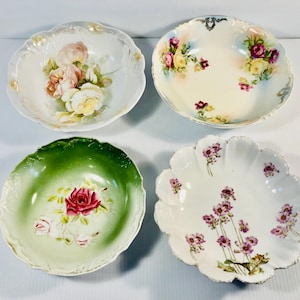 Antique/Vintage Lot of 4 Decorative Floral Bowls, Hand Painted Fine China Flower Serving Bowls, Bavaria/Germany Bowls, Shabby Chic Bowls