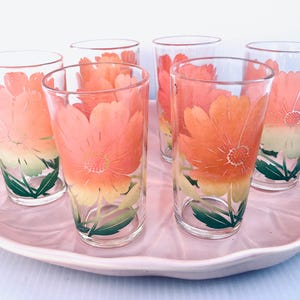 Vintage Bundesglas Pink Floral Gläser, 6er-Set, Swanky Swig, Pink Daisy Becher, ausgezeichneter Zustand, Pink Flower Beverage Set, MCM
