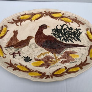Vintage Wild Bird Platter, Rare Large Oval Ceramic Serving Platter/Tray with Fall Scene, Raised Embossed Bird and Corn Platter, Thanksgiving