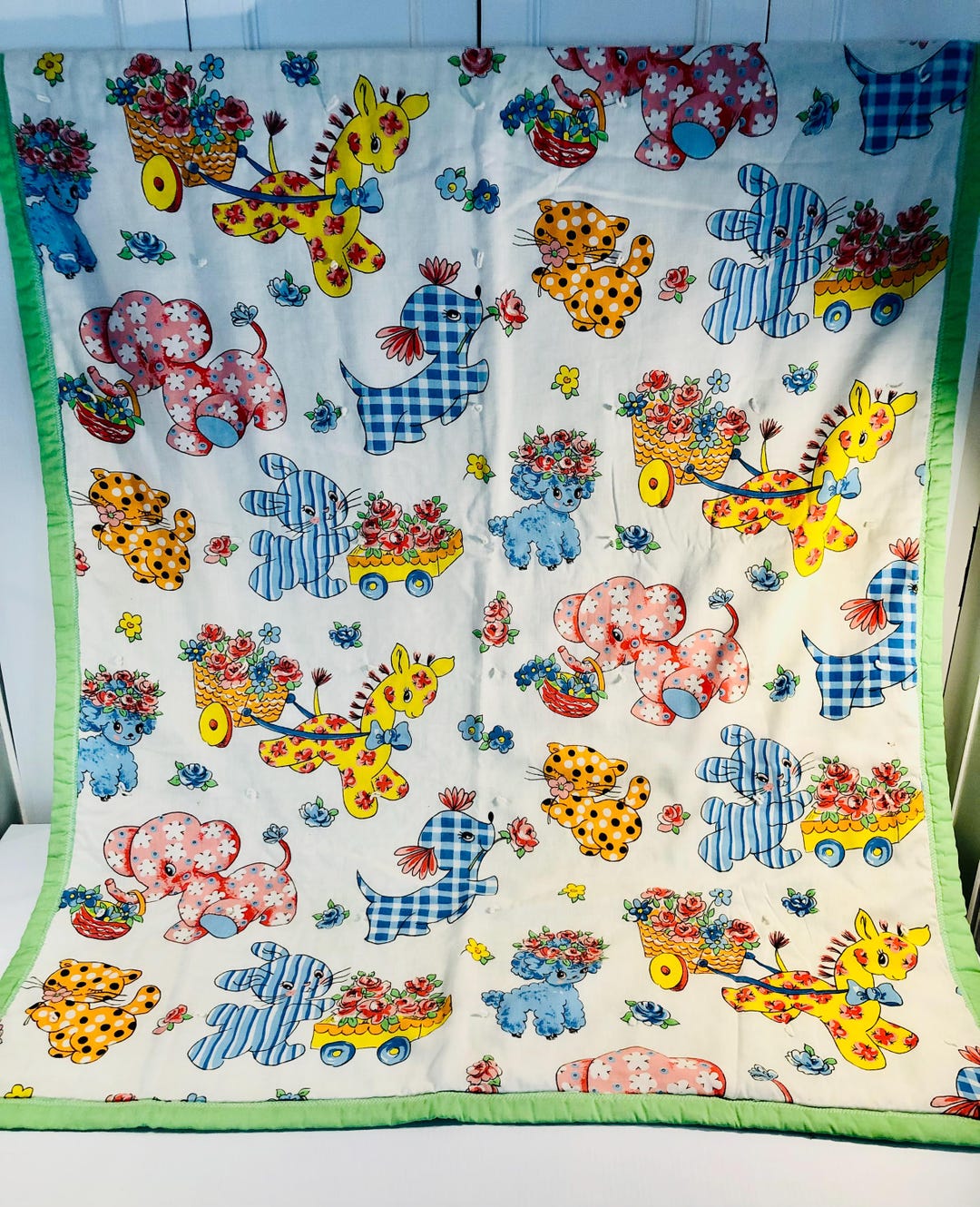 Vintage Nursery Animal Baby Quilt, Handmade Stitched Gingham - Etsy