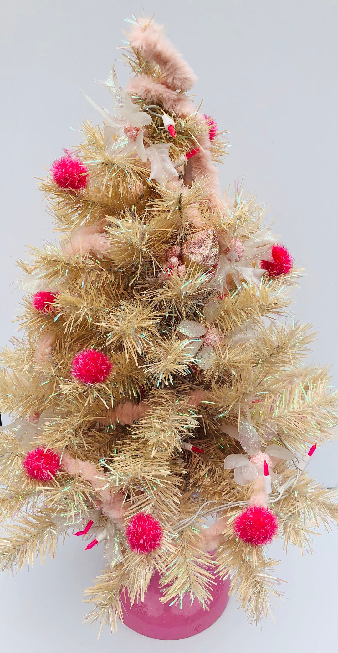 Vintage, 34 H Pink Barbie Christmas Tree, Working Pink Lights, Pink Plastic Base Signed Barbie