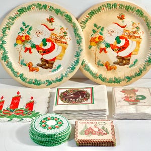 Vintage 1950s Christmas Ephemera Lot, Rare 91-Piece Set of Holiday Paper Napkins, Plates + Coasters, Craft/Entertaining Lot