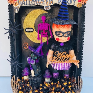 Vintage Halloween-kunstdiorama, kitscherige heksenkunstpop, OOAK Halloween-decor, geüpcyclede vintage pop, keramische kat, Halloween-feestkunst, retro